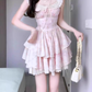 Pink floral dress beautiful niche waist puffy short skirt R0745