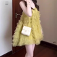Yellow mesh suspender dress niche gentle temperament A-line puffy short skirt R0779