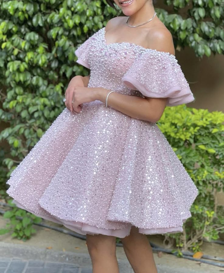 Pink Princess Dress One Shoulder Diamond Waisted Puffy Short Skirt Homecoming Dress R3516