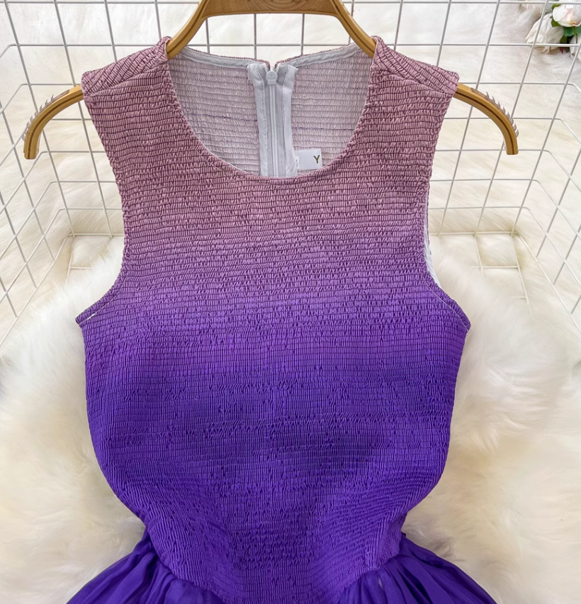 Temperament sleeveless round neck waist slimming A-line rainbow gradient chiffon elegant dress R0405