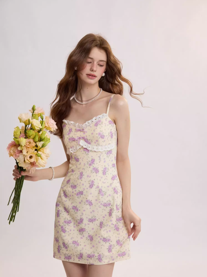 French floral suspender short dress R2711