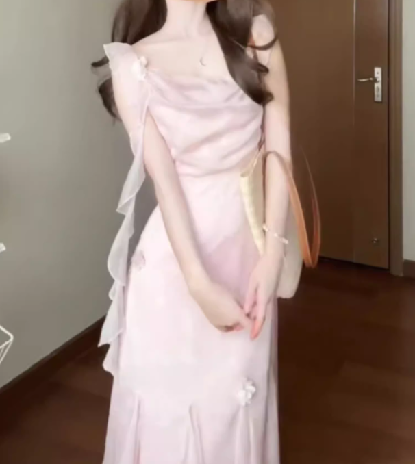 Pink small flying sleeve dress beautiful fairy dress medium length R0700