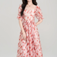 French red floral puff sleeve square neck dress holiday style waist big swing skirt R2403