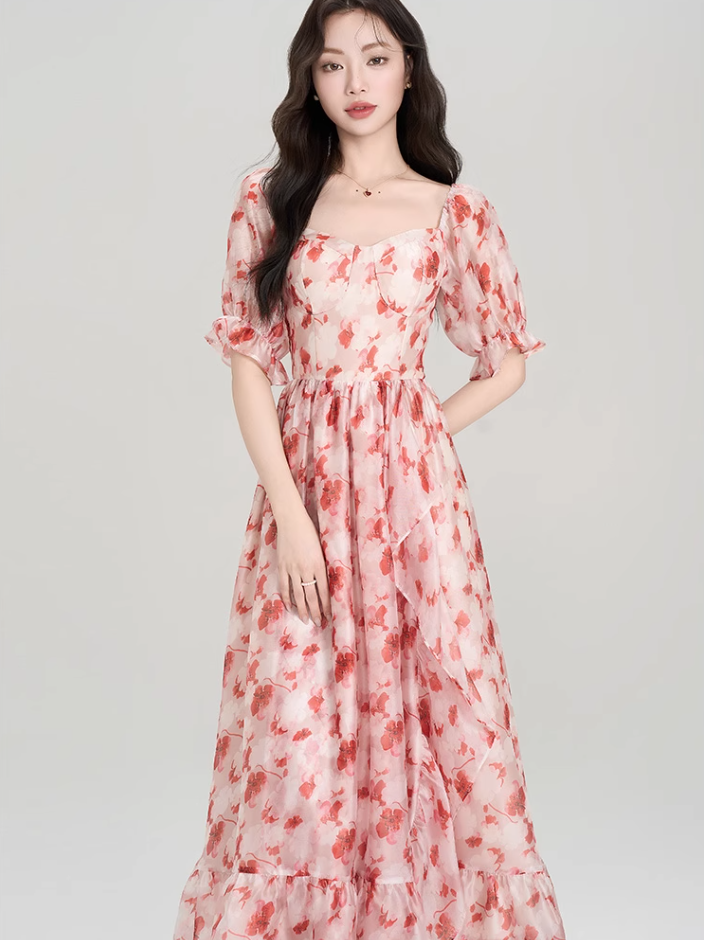 French red floral puff sleeve square neck dress holiday style waist big swing skirt R2403