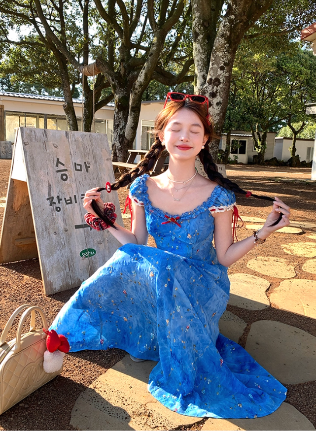 Blue tie-dye printed embroidered suspender dress summer French temperament skirt R4781