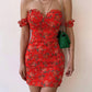 Red retro flower tube top one shoulder waist skirt homecoming dress R2831