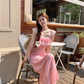 Pink Summer Romantic Lace Floral Suspender Dress Women's Summer French Dress R4822