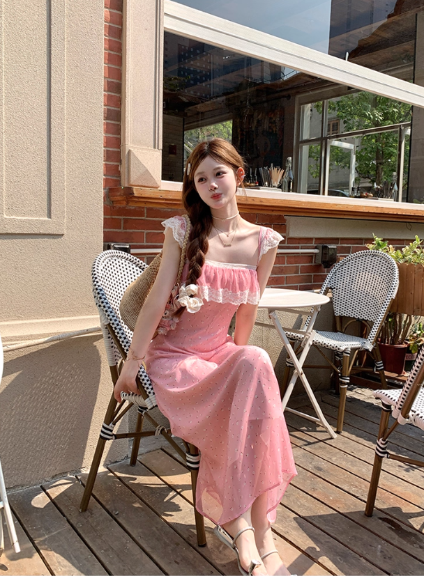 Pink Summer Romantic Lace Floral Suspender Dress Women's Summer French Dress R4822