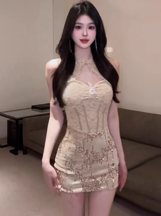 Large size French pure desire feeling lace patchwork dress sequin hip skirt R1864