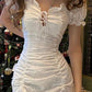 White rolled-up one-shoulder cute waist-hugging mini skirt homecoming dress R3573