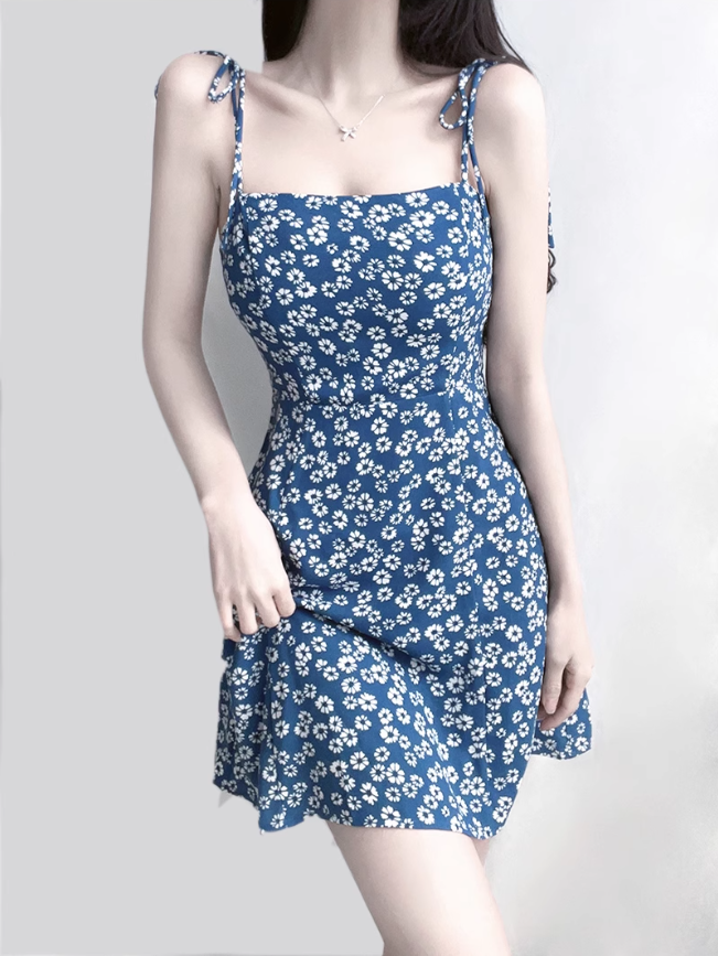 2025 Summer New Blue Floral Daisy Holiday Short Suspender Dress R0968