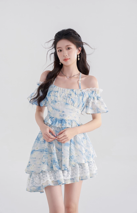 One-shoulder floral dress summer lotus leaf sleeve suspender skirt new high waist A-line skirt R4422