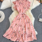 2025 Summer Gentle Style Sweet Ruffled Stand Collar Waist Slim Floral Chiffon Lotus Sleeve Dress R0408