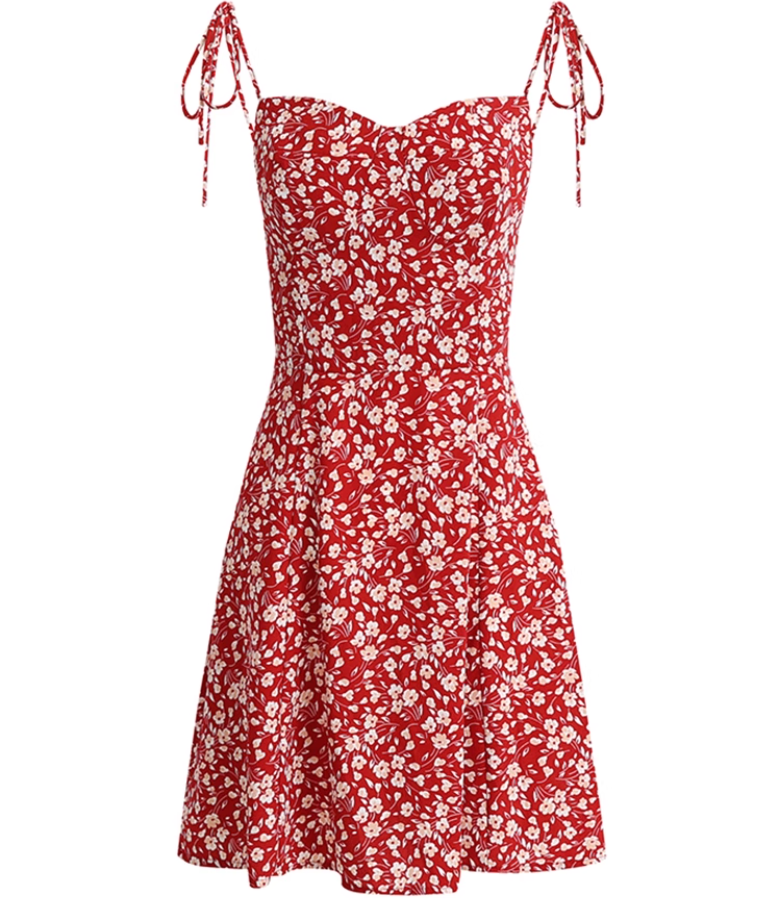 French holiday style short red 2025 new floral suspender dress R2646