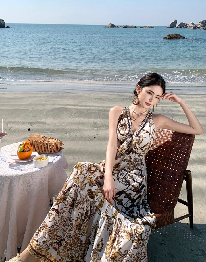 Bohemian style v-neck floral suspender dress temperament waist A-line long skirt R0592