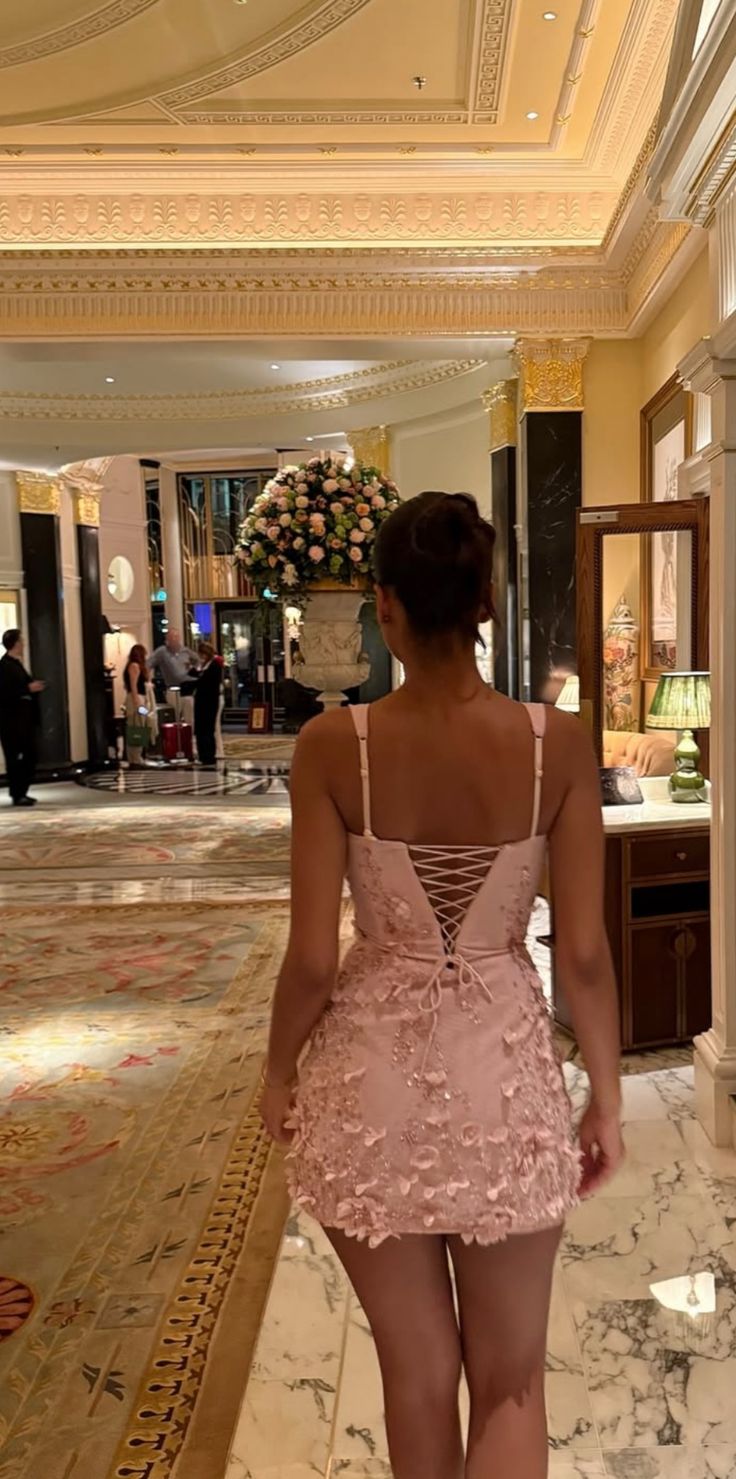 Pink suspender three-dimensional flower slim A-line homecoming dress R2472