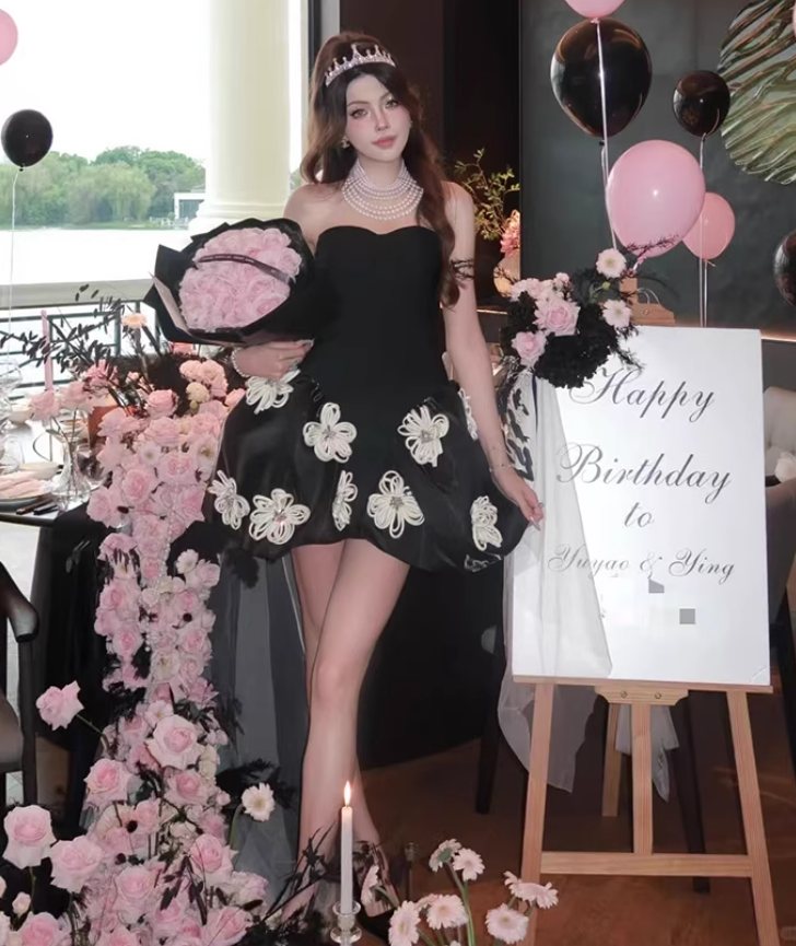 Birthday party dress high-end niche princess tutu black tube top dress R1788