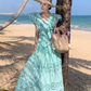 Lace hollow embroidery hook flower ruffle V-neck Thai dress fairy holiday ruffle long skirt R0187