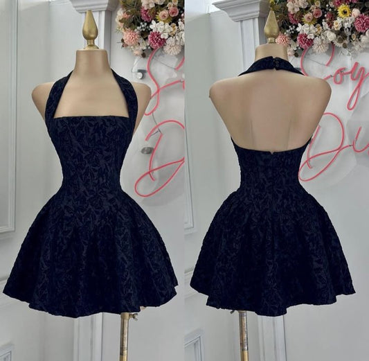 Navy blue floral halter neck slim waist A-line puffy princess dress homecoming dress R2894