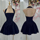 Navy blue floral halter neck slim waist A-line puffy princess dress homecoming dress R2894