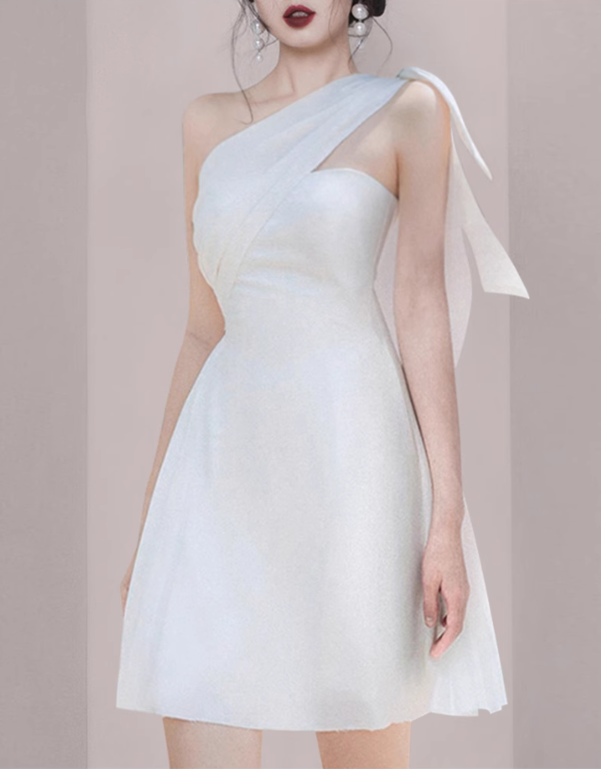 French style white one-shoulder short evening dress banquet slim dress dress homecoming dress R2979
