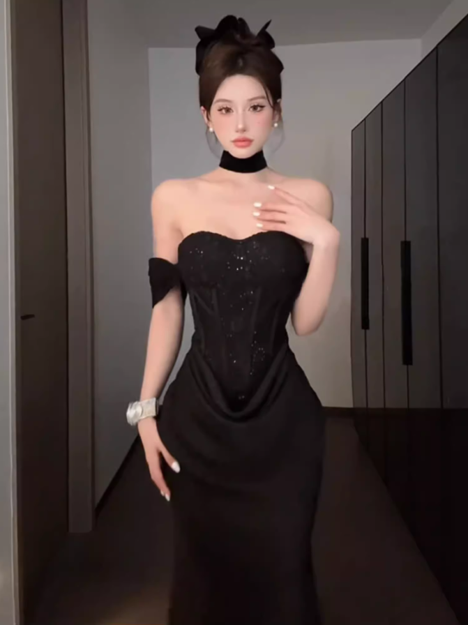 French style tube top suspender dress 2025 waist hip fishtail dress R1036