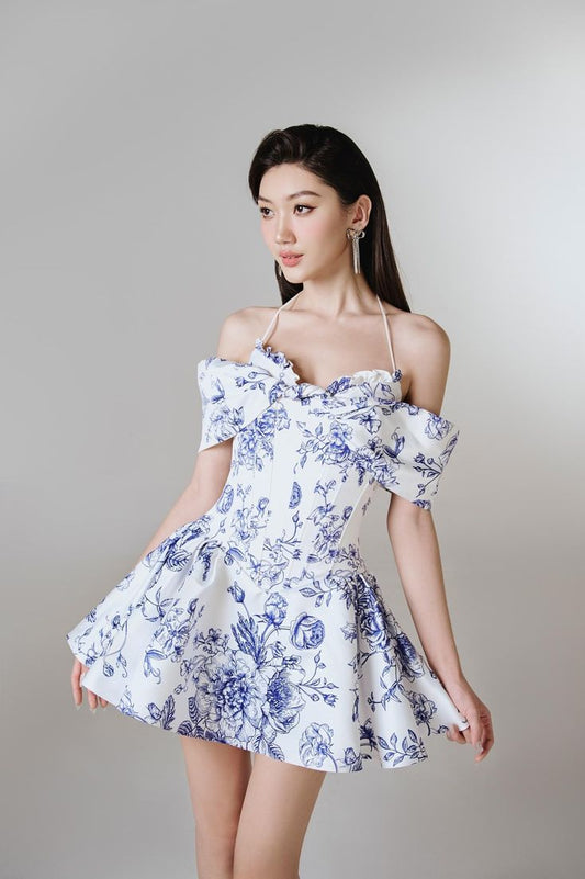 Blue floral one-shoulder slim waist A-line short skirt homecoming dress R2882