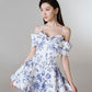 Blue floral one-shoulder slim waist A-line short skirt homecoming dress R2882