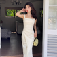 French square neck waist hip dress high waist sleeveless slim suspender dress slit long skirt R1433