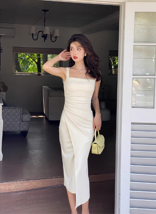 French square neck waist hip dress high waist sleeveless slim suspender dress slit long skirt R1433