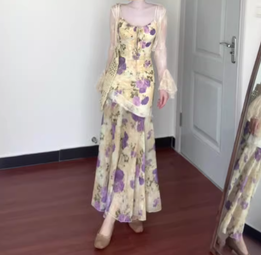 Suspender floral dress beautiful small skirt gentle temperament waist fishtail skirt R0664