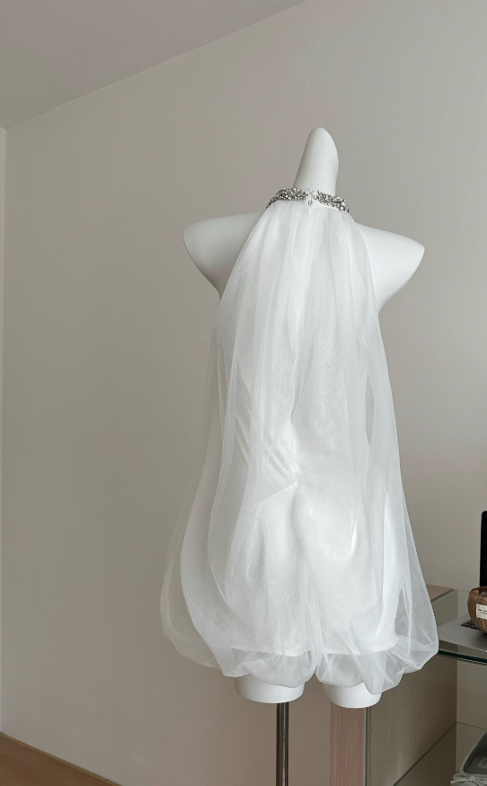 Elegant atmosphere diamond-studded halter neck sling mesh sleeveless short dress R2118