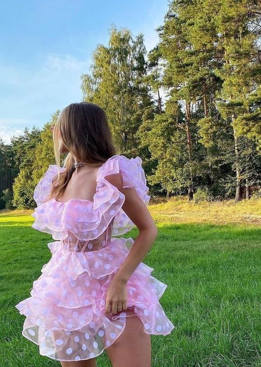 Pink Sexy Slim Waist-revealing Puffy Cake Short Skirt Homecoming Dress R3500