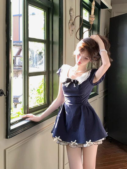 Sweet doll collar short-sleeved dress 2025 waist bow puffy princess skirt R1153