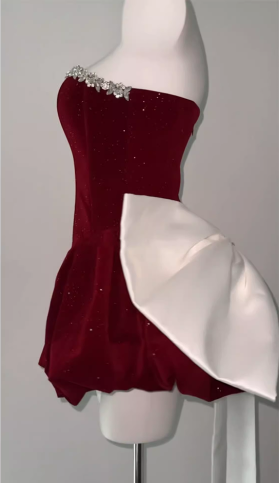 Birthday dress high-end party dress high-end niche temperament tube top velvet dress R1792