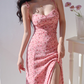 European and American retro girl side slit pink floral suspender skirt long dress R2811