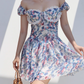 Retro countryside blue floral print dress lace one shoulder vacation skirt R2869
