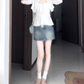Gentle temperament white cardigan camisole vest denim shorts three-piece set R0888
