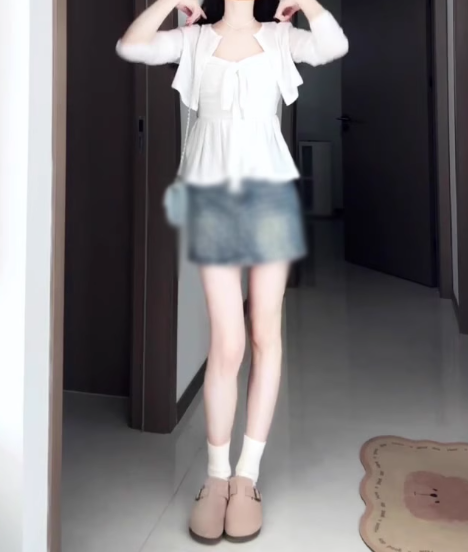 Gentle temperament white cardigan camisole vest denim shorts three-piece set R0888