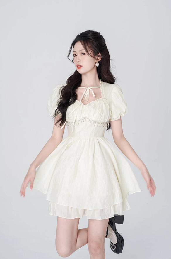 Gentle style cream yellow dress women's summer new style skirt high-end puffy short skirt R4456