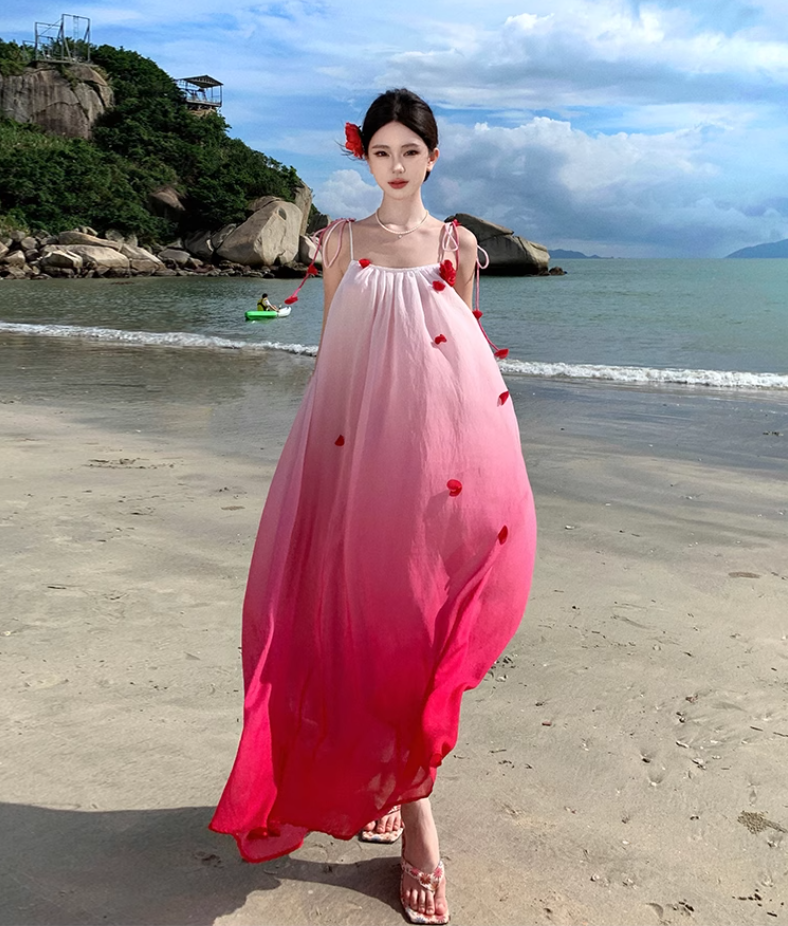 Gradient color loose suspender dress seaside holiday beach dress atmosphere long dress R1614