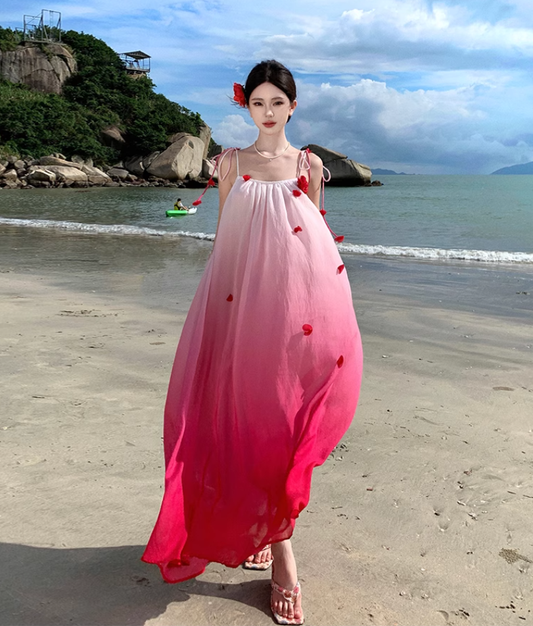 Gradient color loose suspender dress seaside holiday beach dress atmosphere long dress R1614