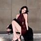Sexy hot girl lace sleeveless top 2025 retro red high waist hip skirt suit R1154