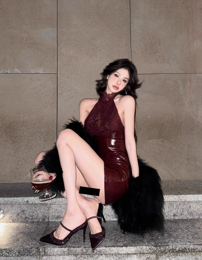 Sexy hot girl lace sleeveless top 2025 retro red high waist hip skirt suit R1154