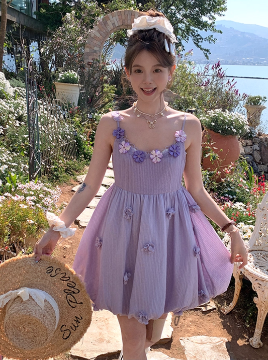 Purple mid-length waist suspender dress French style slim skirt R4989