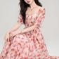 French red floral puff sleeve square neck dress holiday style waist big swing skirt R2403