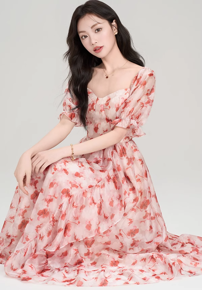 French red floral puff sleeve square neck dress holiday style waist big swing skirt R2403