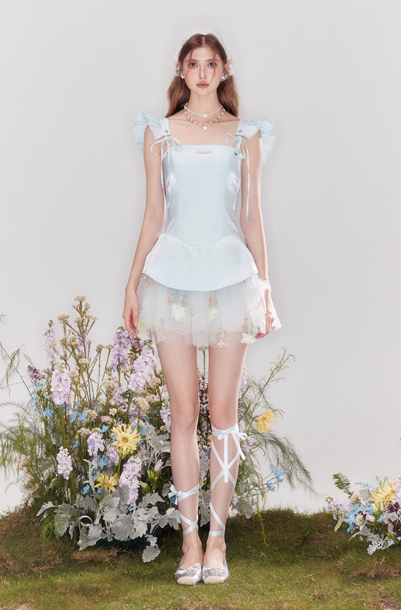 Satin-feeling temperament waist slim fit small flying sleeve puffy little dress R4538