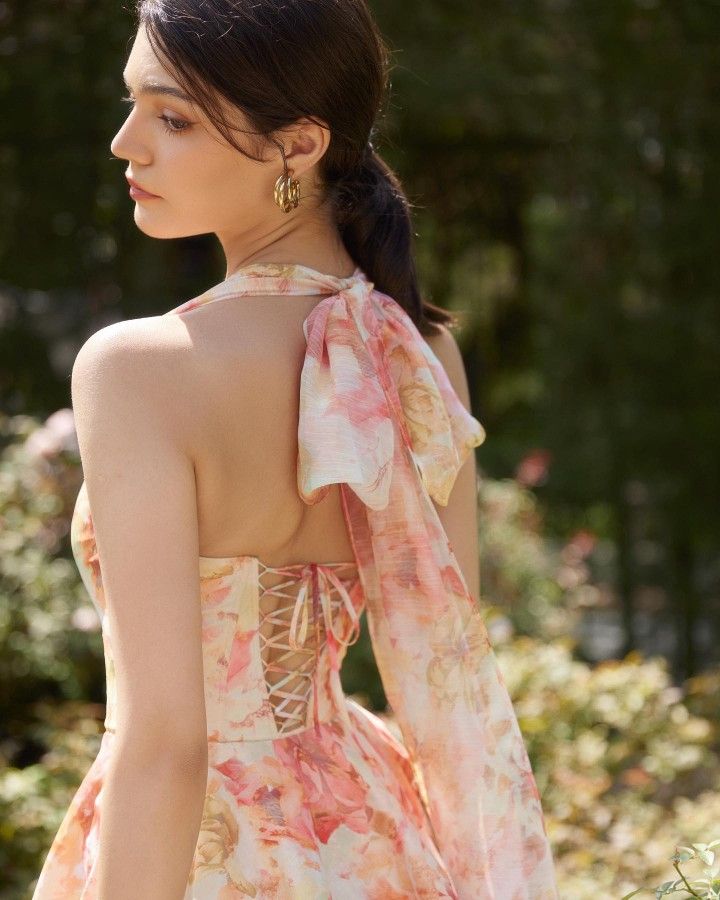 Pink floral halter neck slim waist short skirt homecoming dress R2883