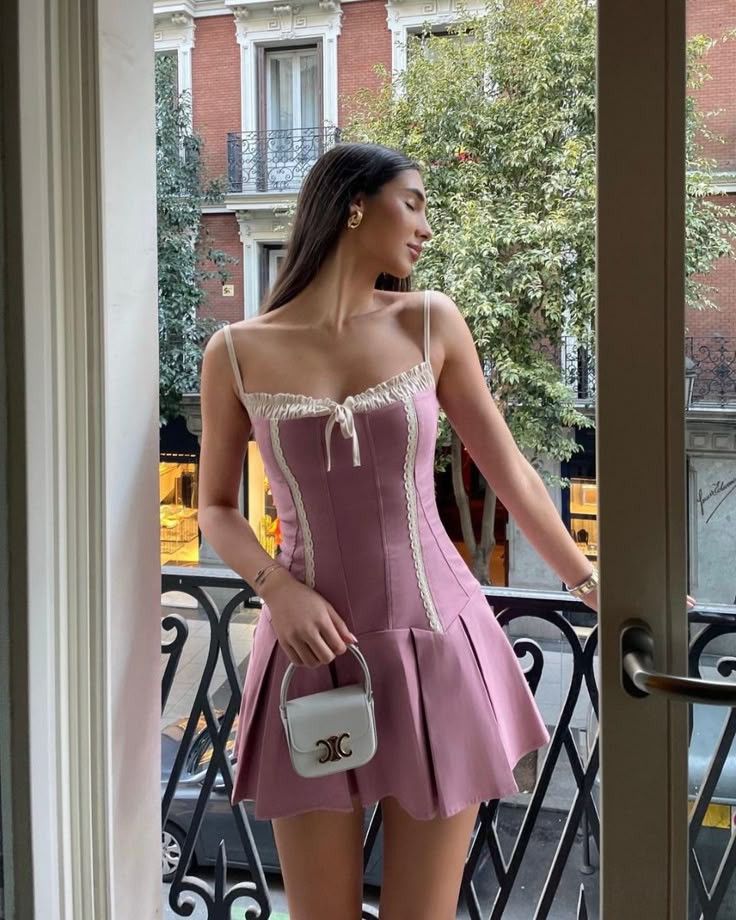 Pink suspender low-cut sexy lace slim pleated skirt homecoming dress R2510